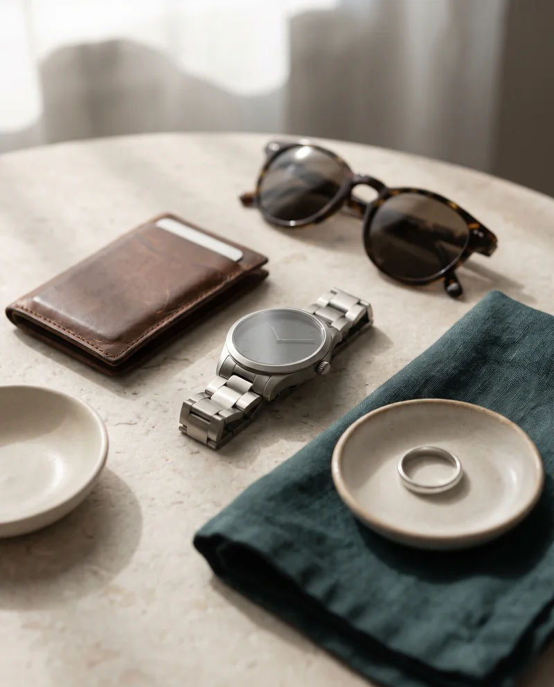 Lifestyle accessories on an ivory surface